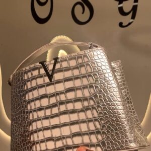 Metallic Silver Croc-Embossed Top-Handle Handbag